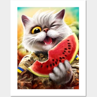 cute ukrainian cat with a watermеlon slice Posters and Art